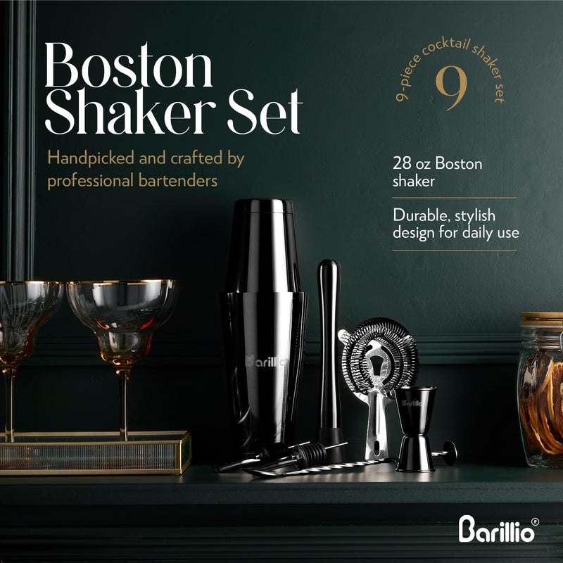 Barillio Black Boston Shaker Set - Stainless-Steel, Weighted Martini Cocktail Shaker Set w/Strainer & Mixer - Mixology Bartender Kit - Bar Set for The Home - 9-pc Drink Set - Bar Tools - Image 5
